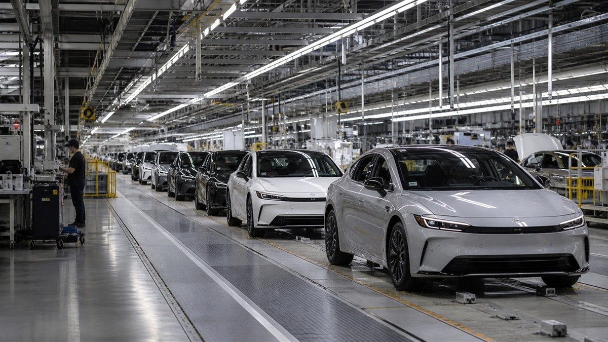 Небрандирана японска автомобилна производствена линия с готови автомобили
